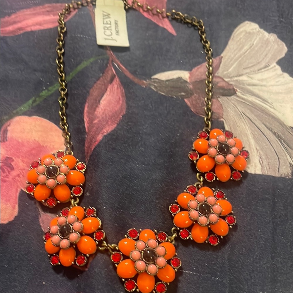 J. Crew  Factory Orange and Red Floral Statement Necklace